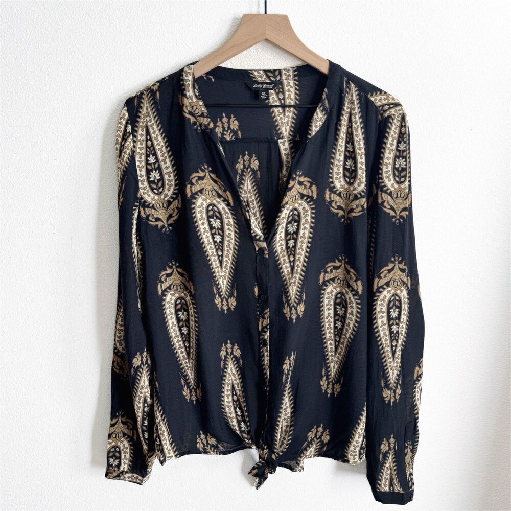 Lucky Brand Top Womens XL Black Floral Button Up Coastal Beachy Artsy Breathable